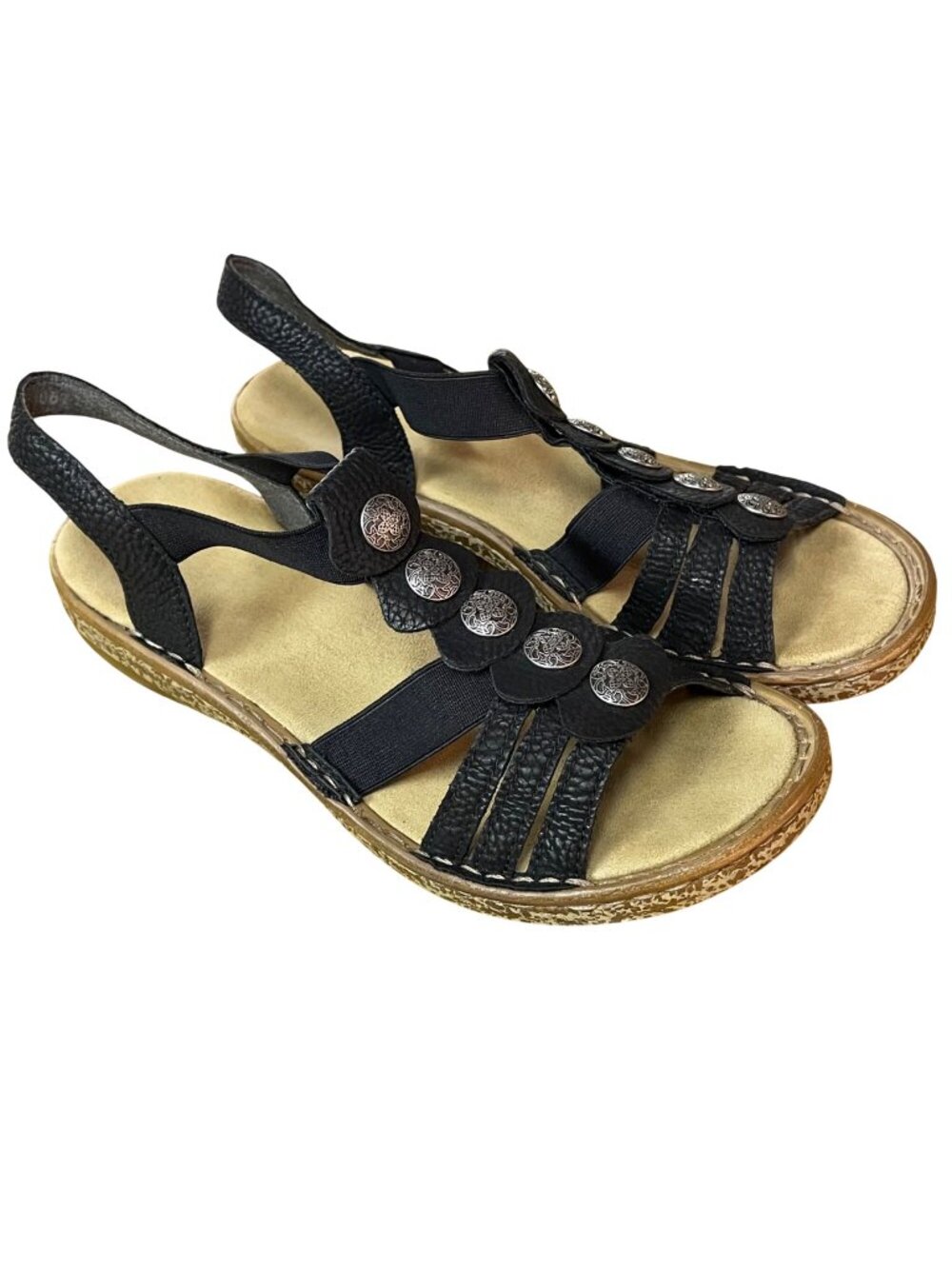 Rieker Stretch Strap Comfort Sandals Black Sz 37 (EU) Walking Silver Tone Accent